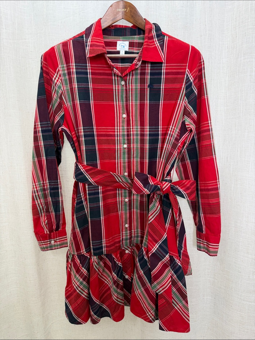 Crown & Ivy Sewing Down South Blue & Red Plaid Ruffle Hem Belted Dress Size LG